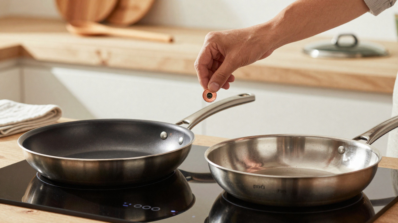 Hand holding a small round object over two frying pans on a modern stovetop in a kitchen.