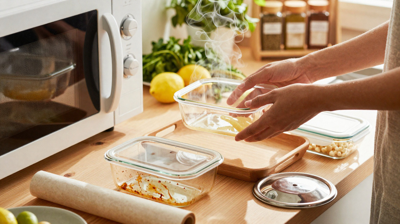 Hands removing a steaming glass container from a microwave on a wooden kitchen counter with spices and lemons.