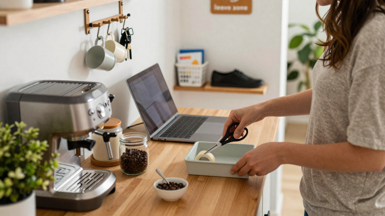 Person using scissors to cut tape by a kitchen counter with coffee machine, laptop, and coffee beans.
