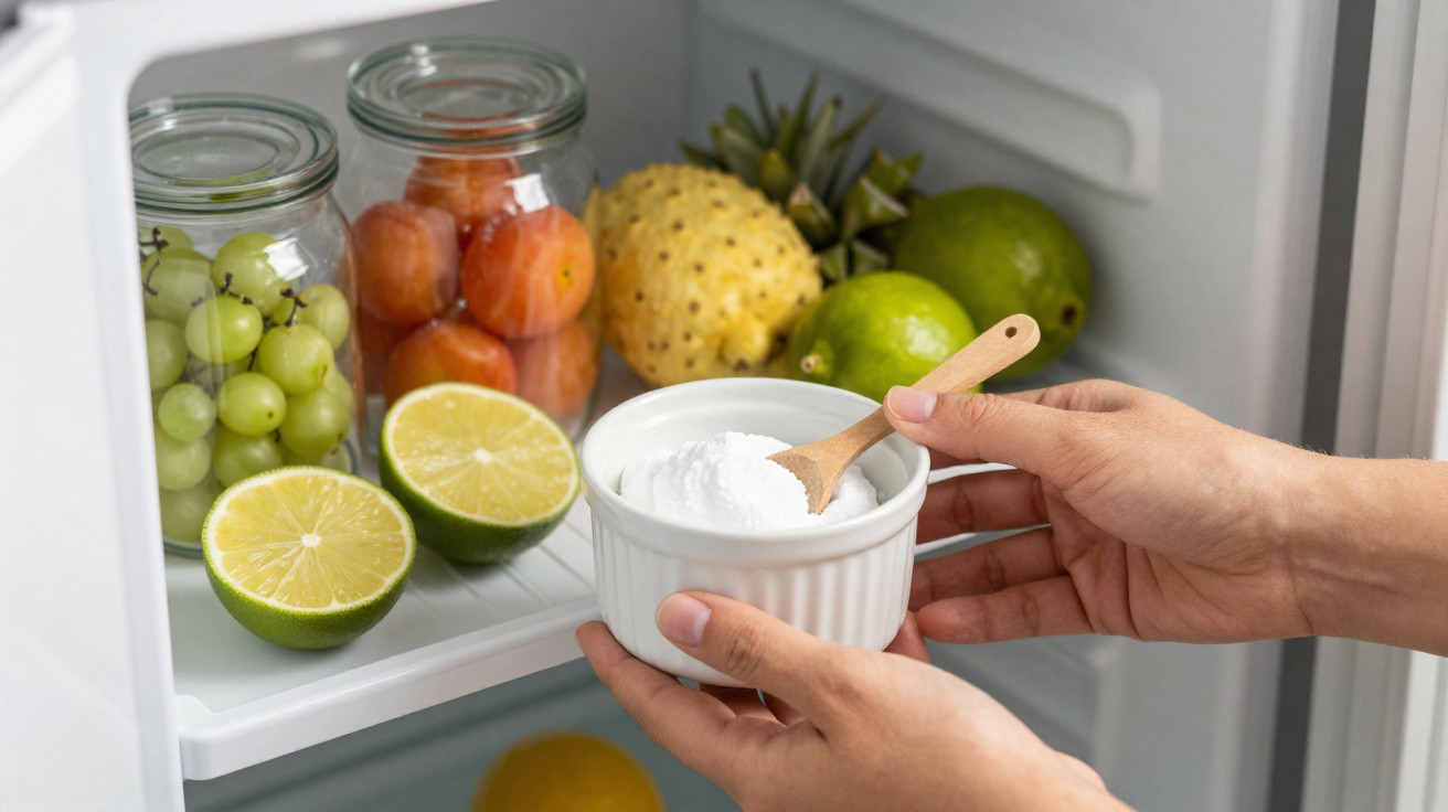 Hands holding a white bowl with baking soda and a wooden spoon inside a fridge with fruits and jars.