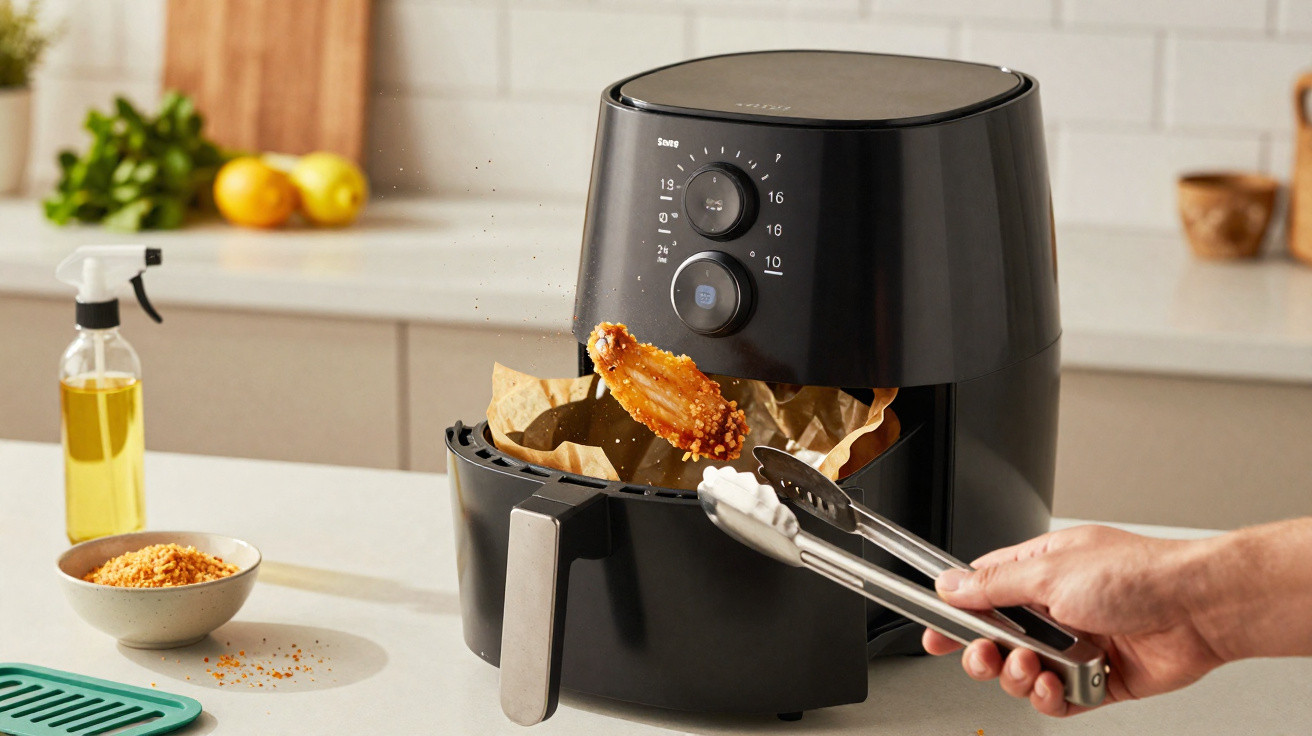 Black air fryer with cooked chicken wing being removed using tongs in a modern kitchen setting.