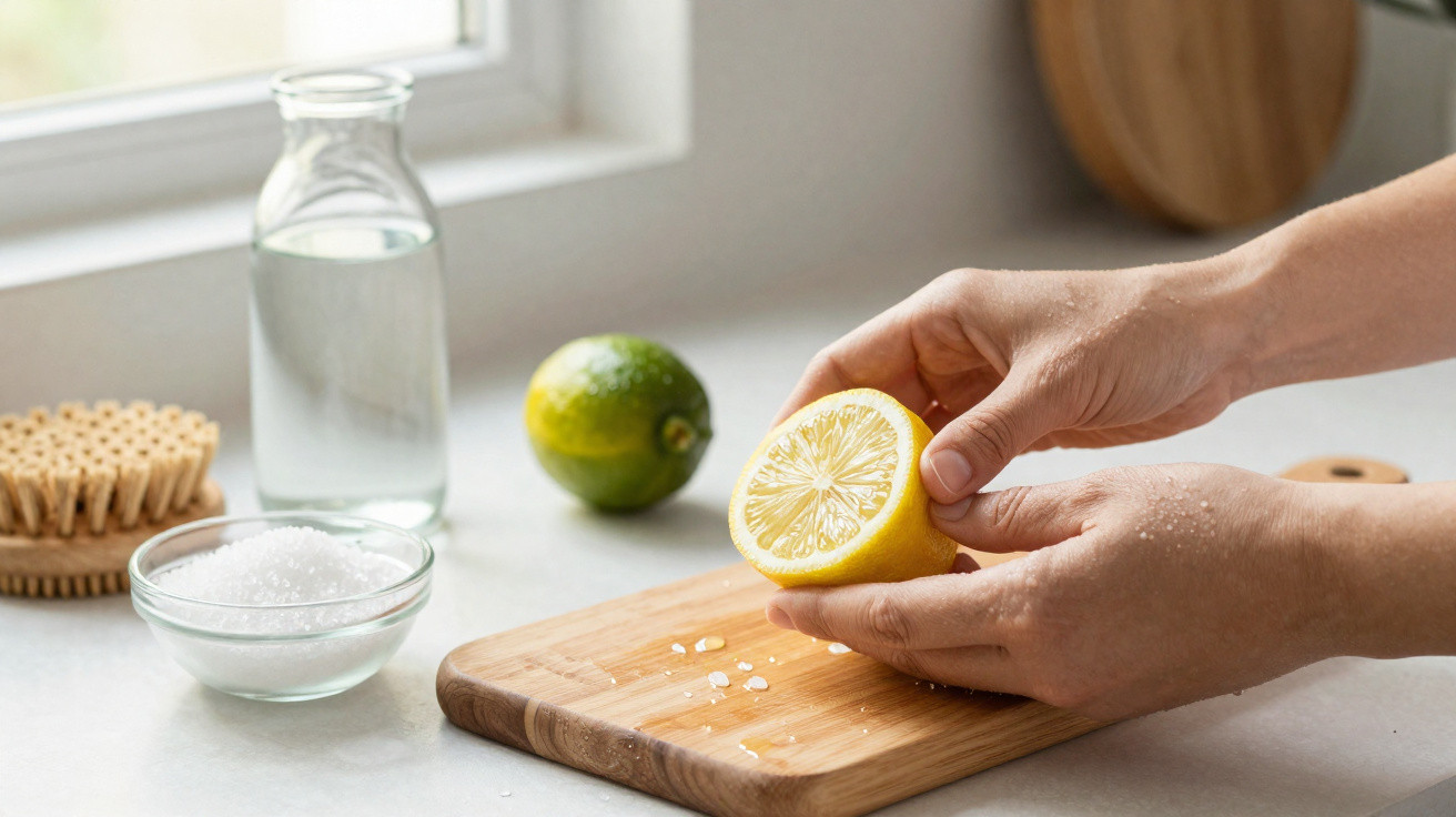 Hands holding a halved lemon over a wooden chopping board with salt, lime, brush, and bottle nearby.