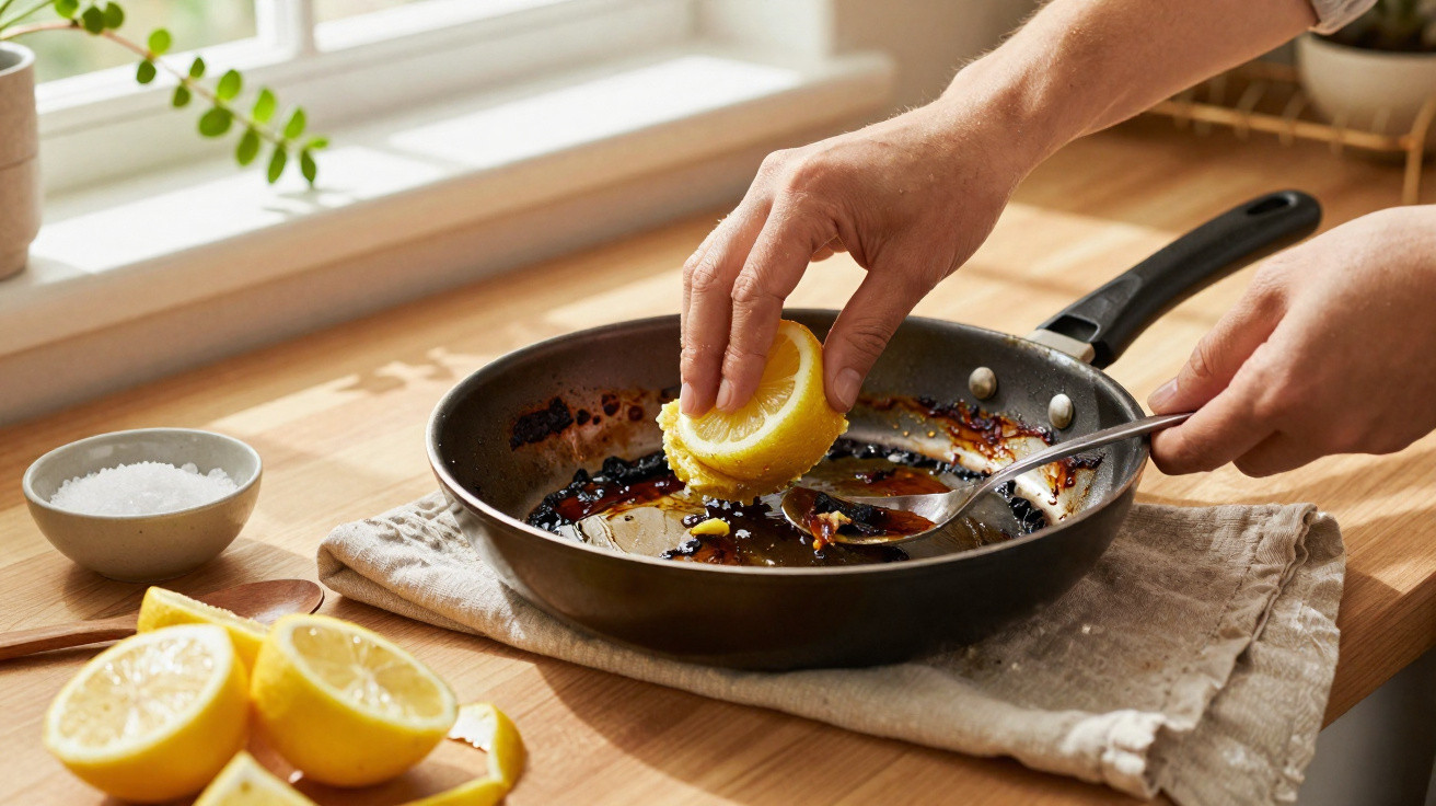 Person squeezing lemon into a frying pan with cooked food residue on a wooden countertop.