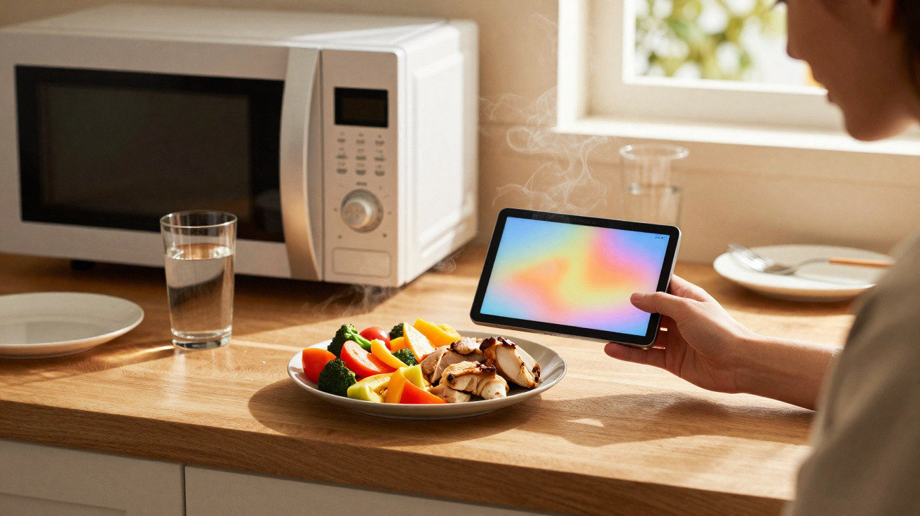 Person holding a tablet near a steaming plate of vegetables and chicken on a kitchen counter with a microwave.
