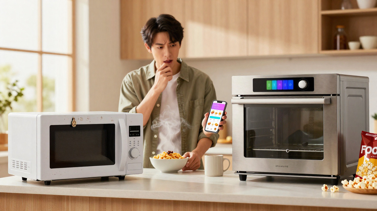 Man in kitchen comparing a steaming bowl of food between a microwave and a modern oven while holding a smartphone.