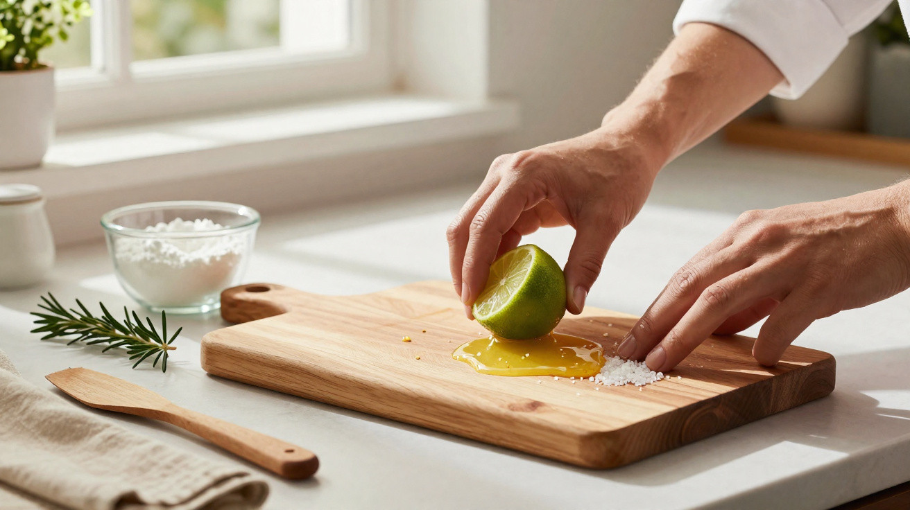 Person squeezing lime juice onto coarse salt on a wooden cutting board in a sunlit kitchen.