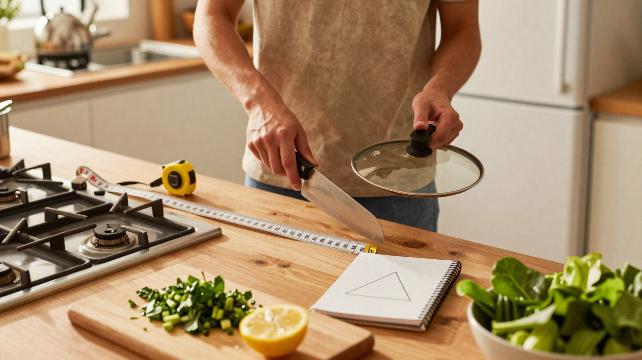Person holding a knife and pan lid, measuring a wooden kitchen counter with a tape measure.