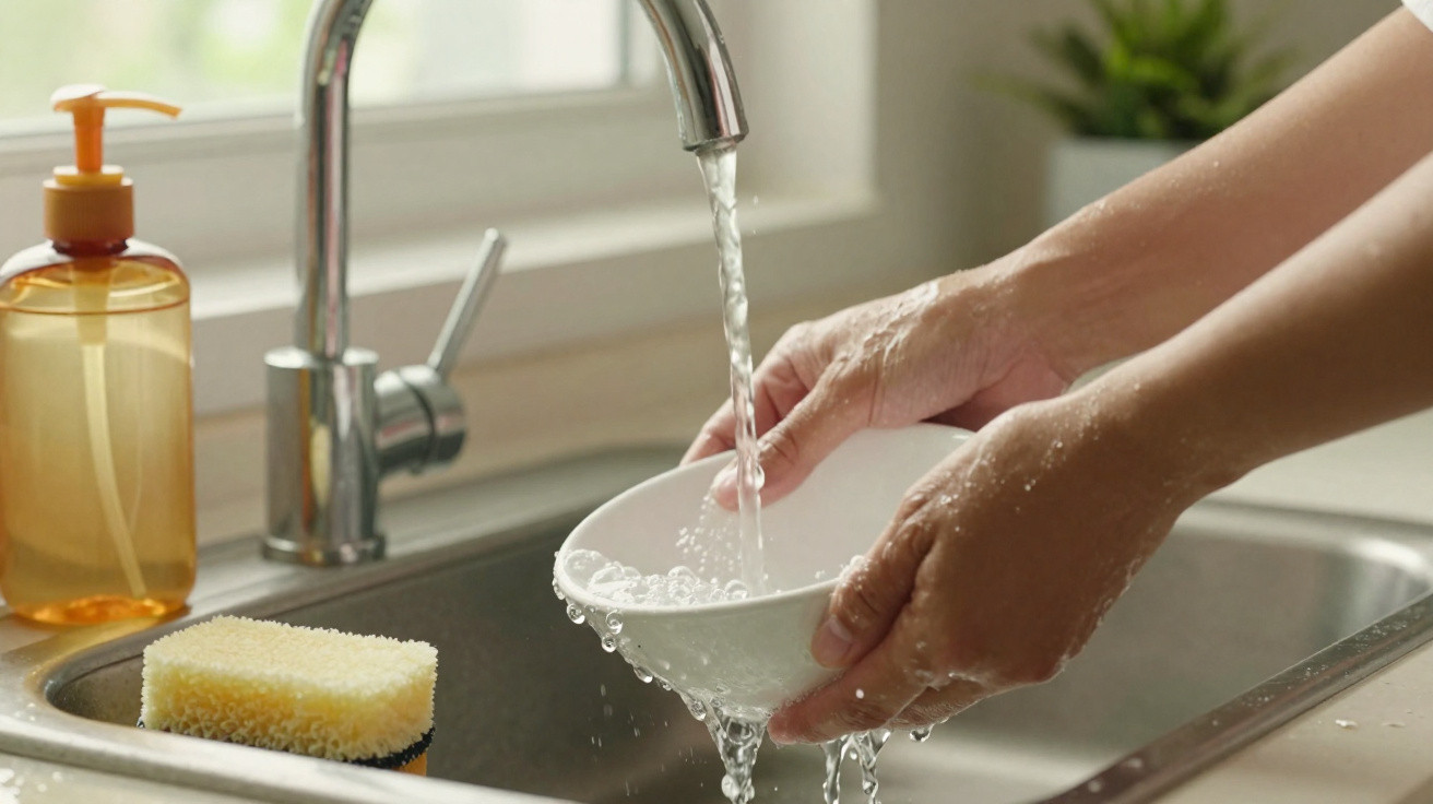 Hands rinsing a white bowl under running kitchen tap water with a sponge and soap dispenser nearby