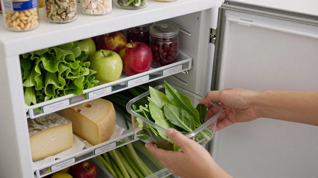 Open fridge with fresh green leaves, cheese, apples, lettuce, and jars of nuts and fruit inside.