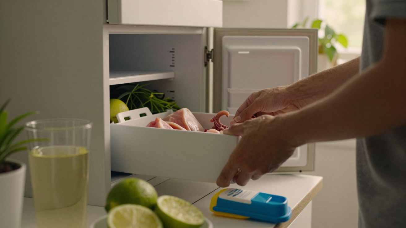 Person placing raw chicken pieces into a small kitchen refrigerator drawer with limes and a glass nearby.
