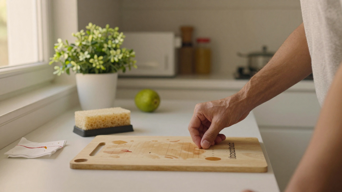 Hand placing a seed or small object on a wooden kitchen chopping board on a white countertop.