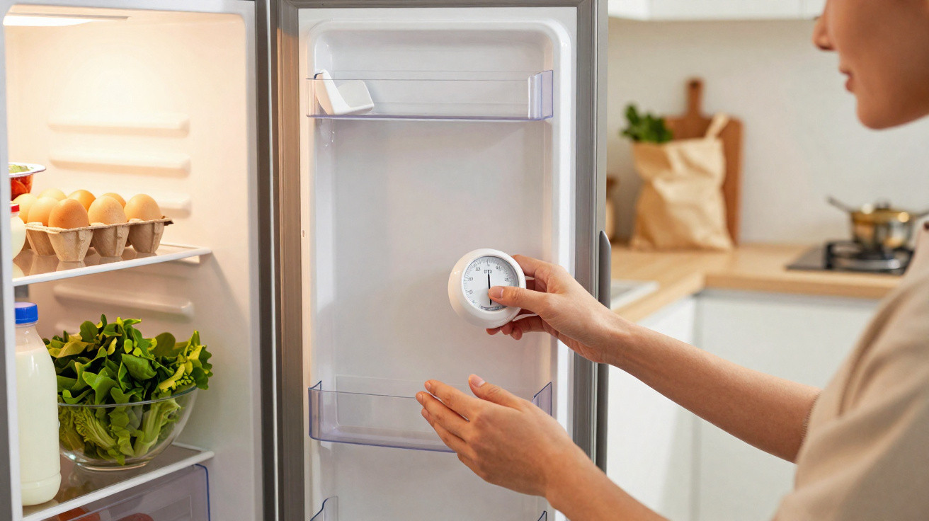 Person adjusting a white thermostat inside an open fridge filled with eggs, milk, and leafy greens.