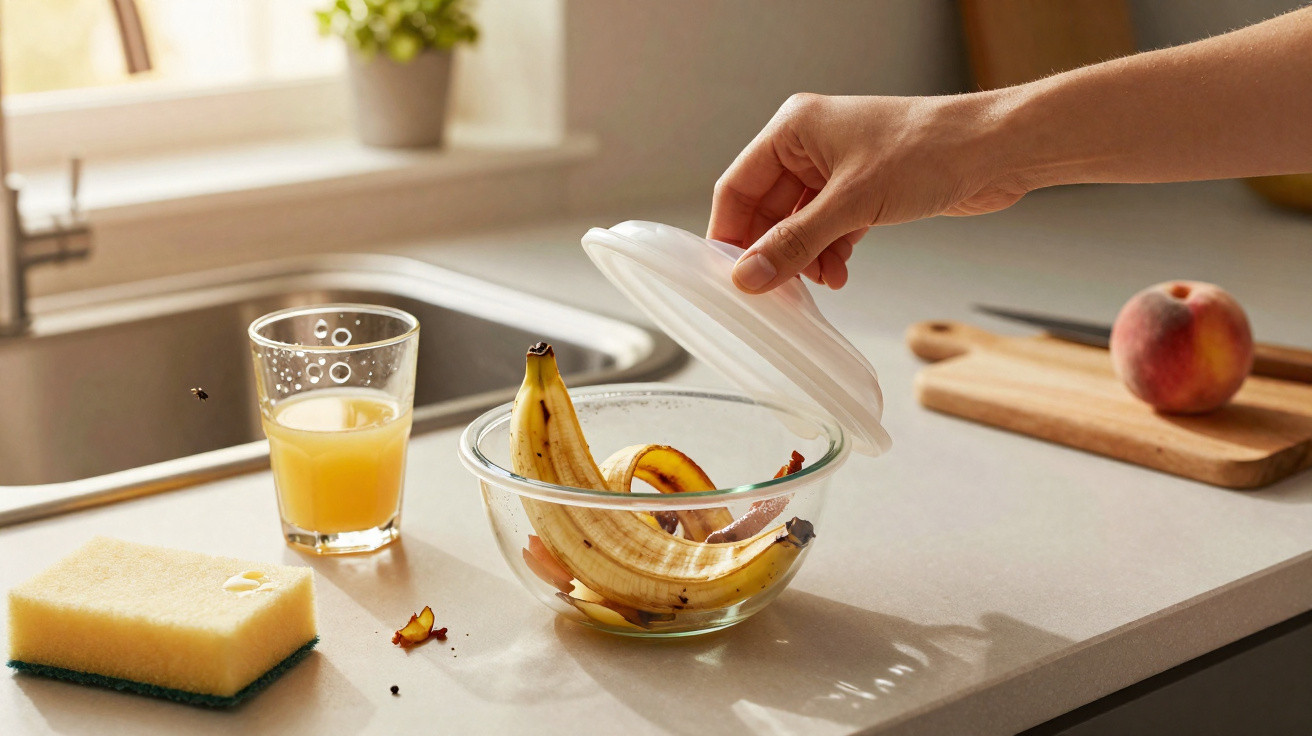 Hand placing a lid on a bowl with banana peels on a kitchen countertop next to a sponge and glass of juice.