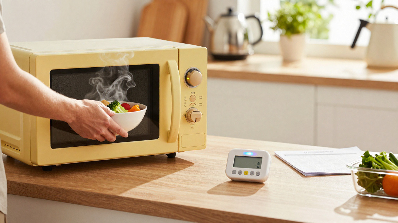 Hand placing steaming bowl of vegetables into a yellow microwave on a wooden kitchen counter.
