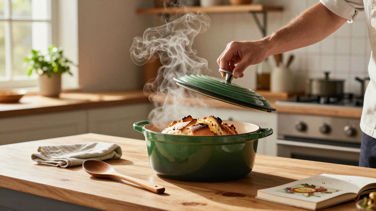 Hand lifting lid off a steaming green casserole pot with baked food inside on a kitchen counter.
