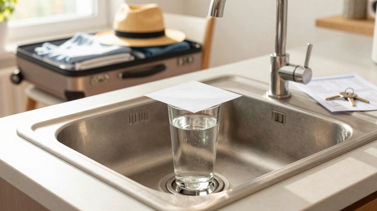 Glass of water with paper on top in a kitchen sink with keys and a hat on the counter nearby