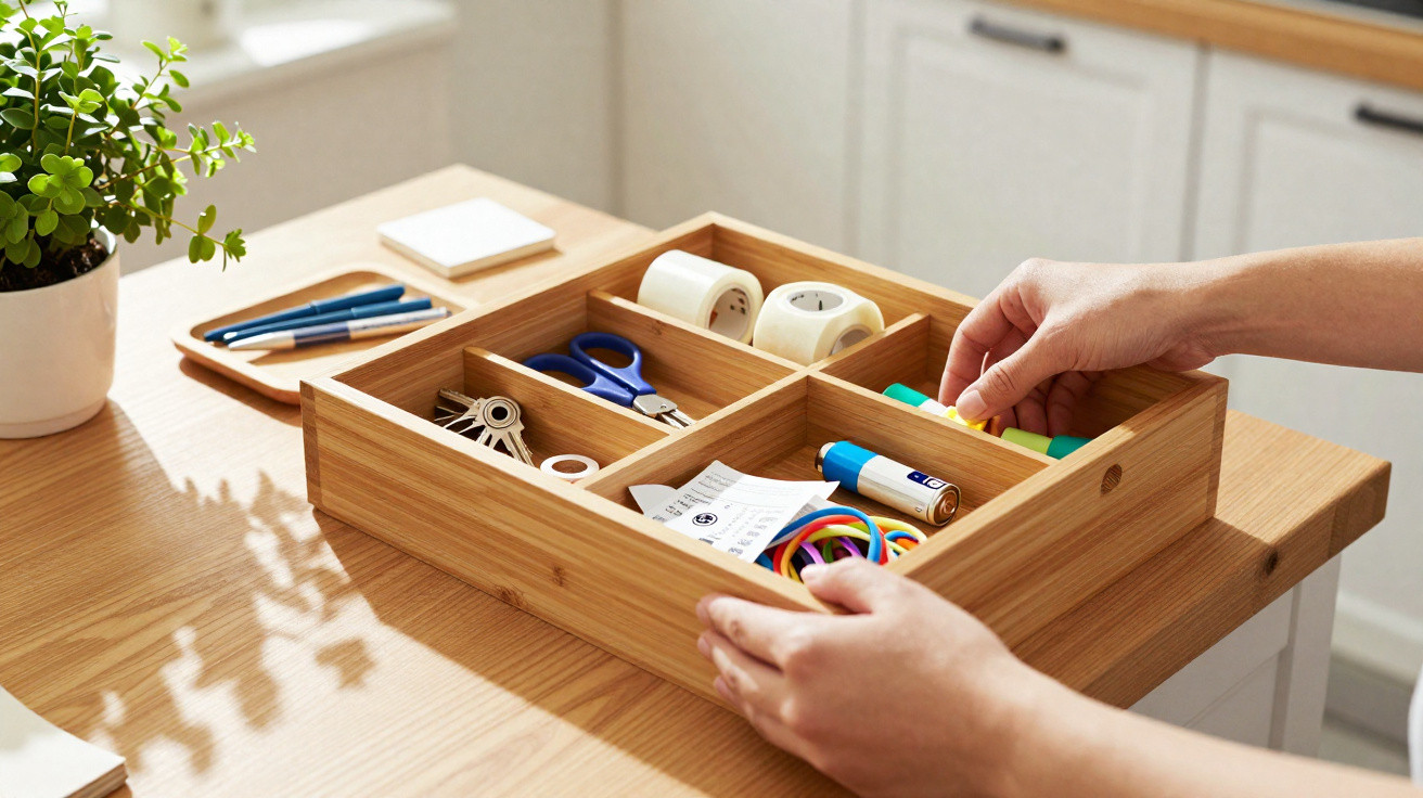Person organising office supplies in a wooden compartment tray on a desk next to a potted plant and pens.