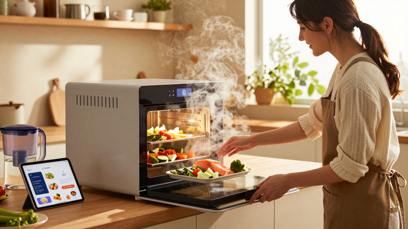 Woman removing steaming tray of vegetables and salmon from countertop oven in bright kitchen.