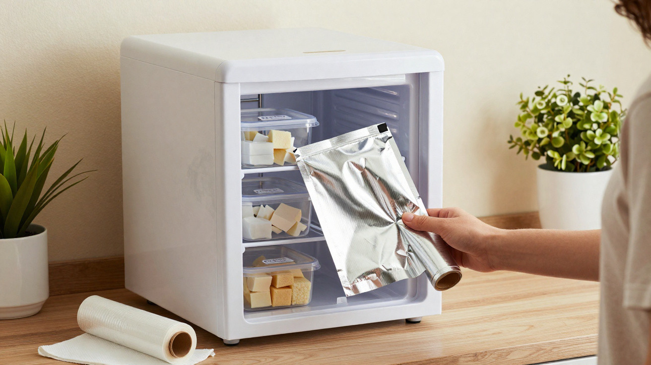 Person placing a foil pouch inside a small white fridge on a wooden countertop with plants nearby.