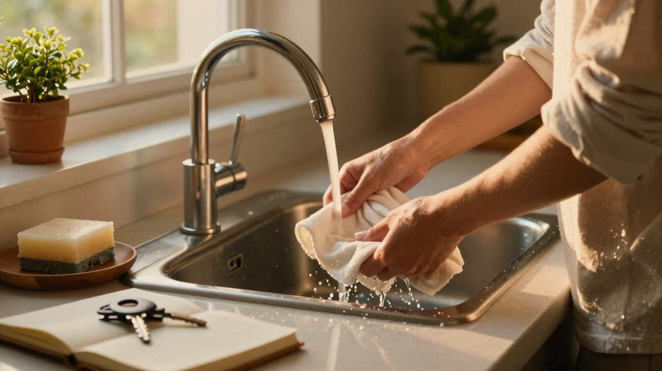 Person rinsing a white cloth under running water in a kitchen sink with sunlight streaming in.