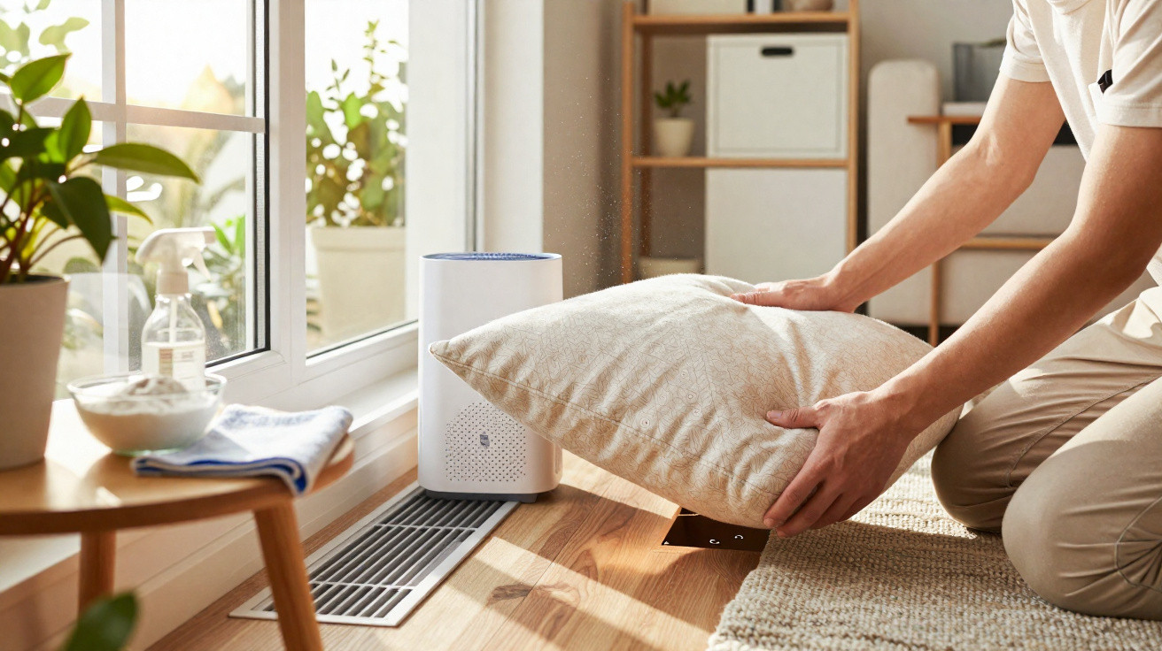 Person cleaning beige pillow next to air purifier on wooden floor by large window with plants nearby