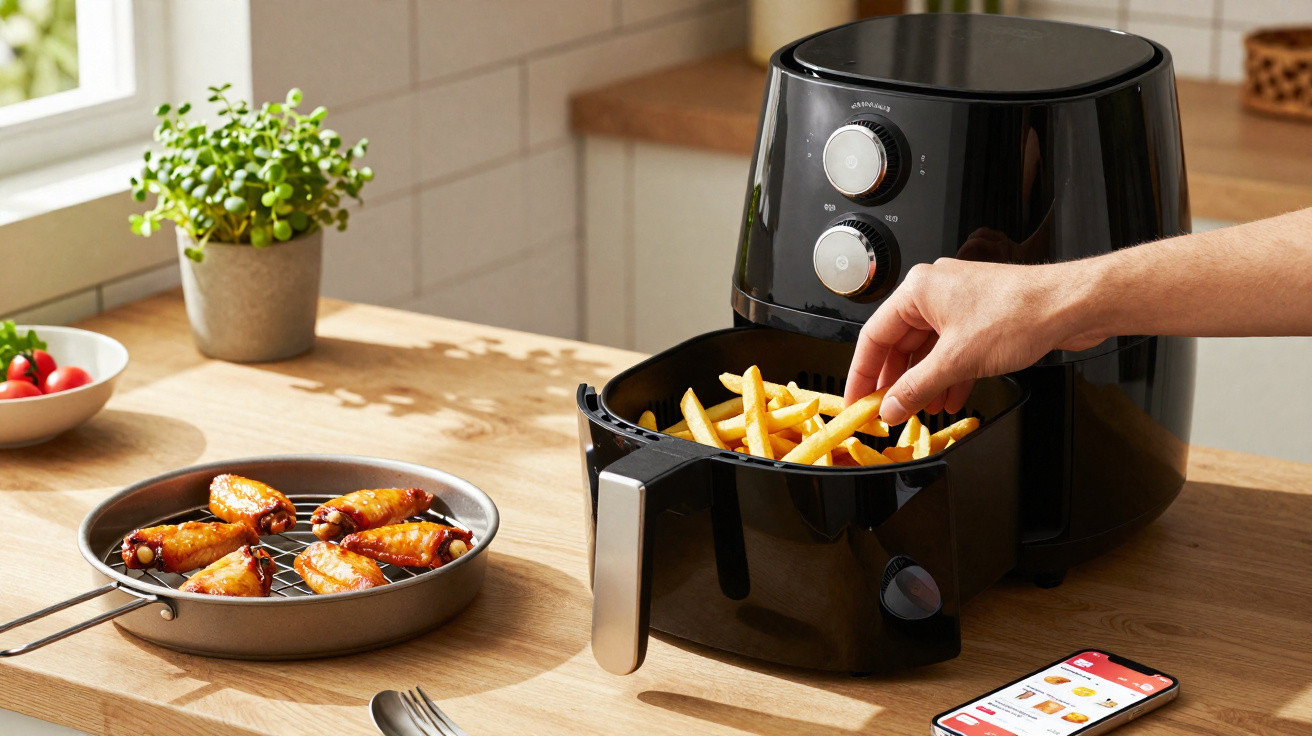 Hand taking french fries from black air fryer on wooden kitchen table with cooked chicken wings nearby