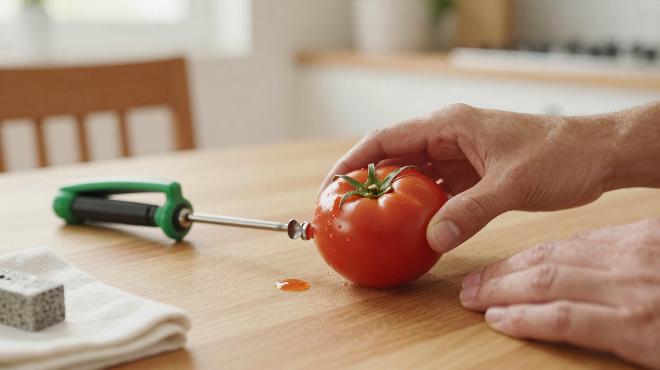 Hand piercing a fresh tomato with a green-handled tool on a wooden kitchen table.