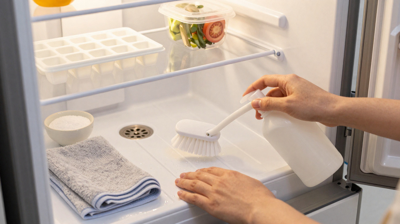 Hands scrubbing the inside of a refrigerator with a brush and cleaning spray, next to a towel and salt bowl.