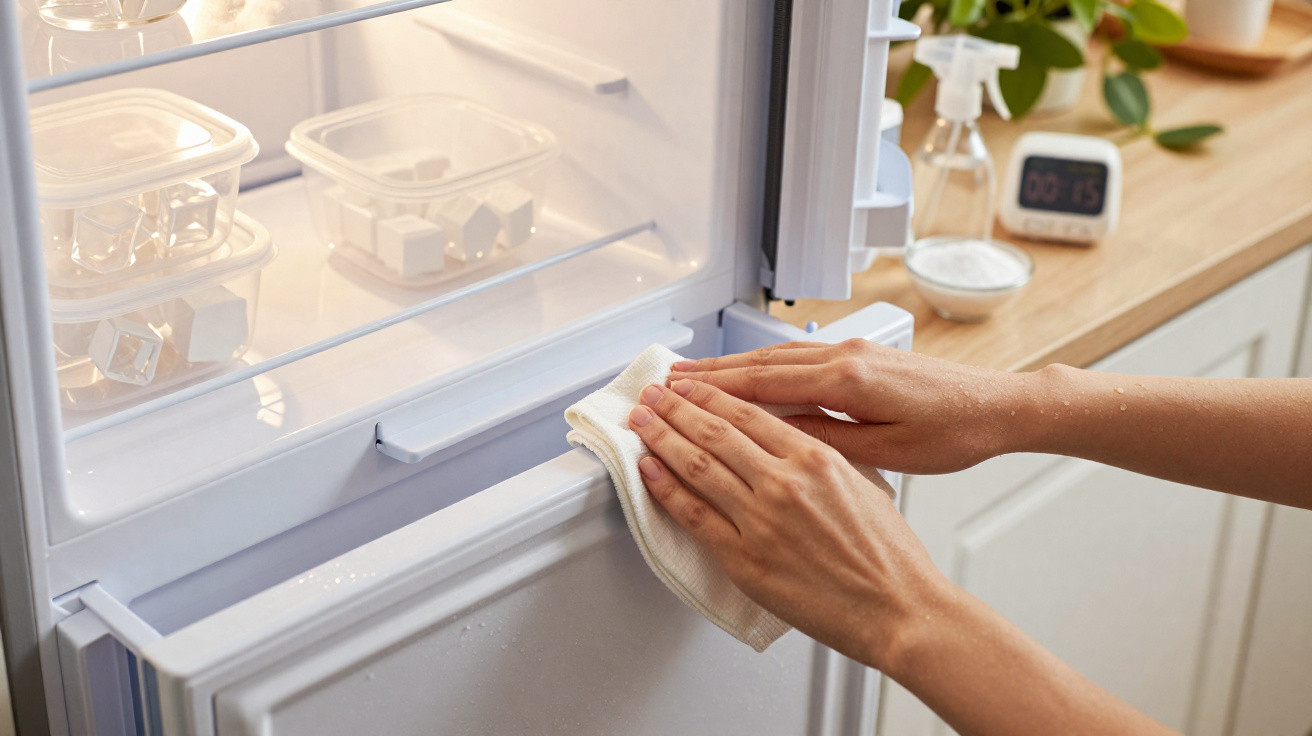 Hands wiping the inside of an open refrigerator door with a white cloth in a bright kitchen.