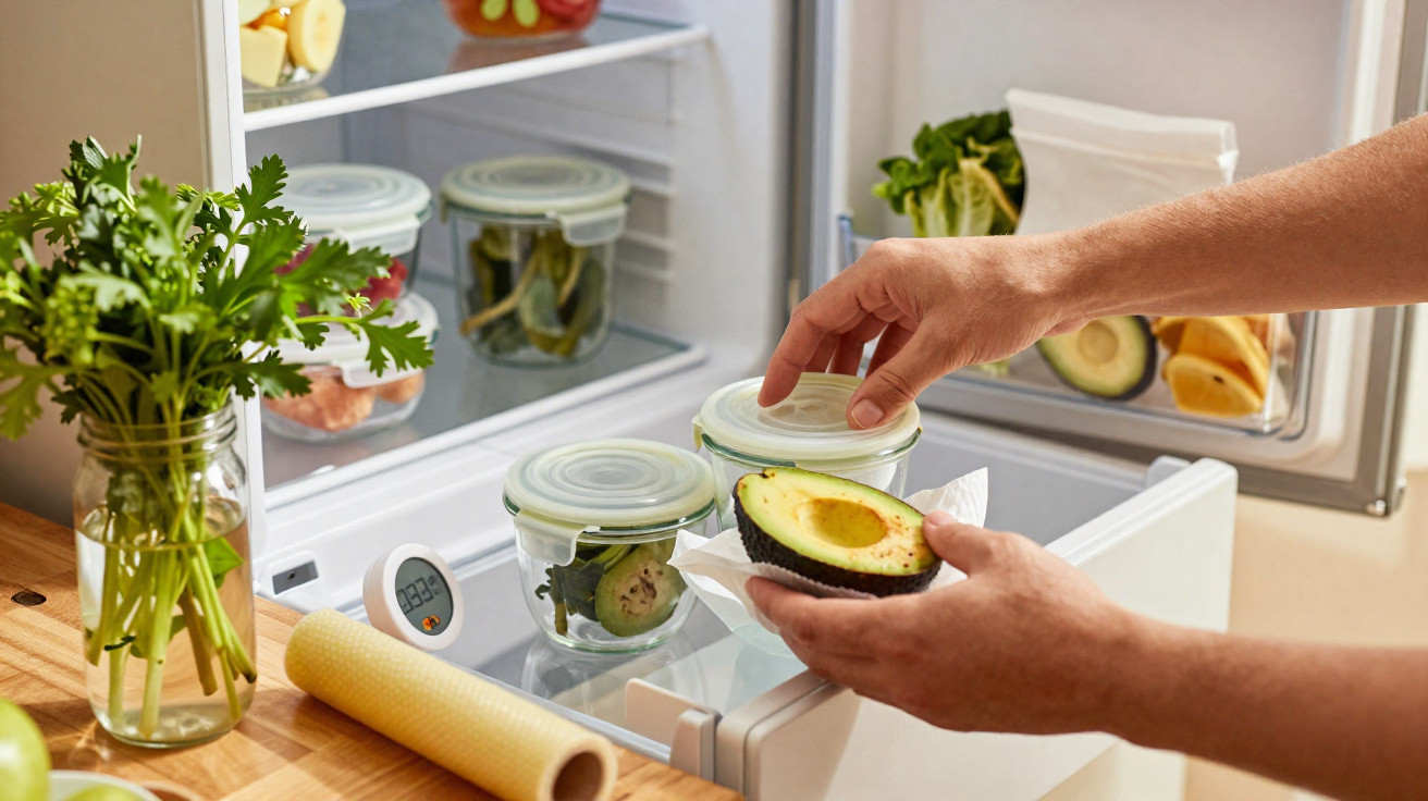 Hands placing a lidded container in a fridge drawer next to a halved avocado, herbs, and other stored food.
