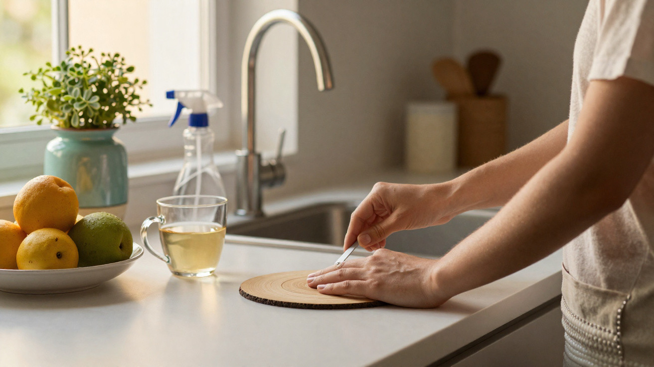 Person filing their nails on a wooden surface in a bright kitchen with fruit and a tea cup nearby.