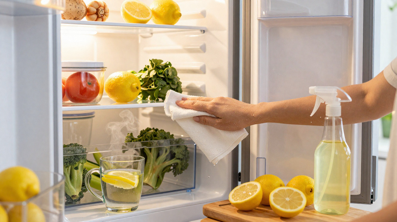 Hand wiping inside fridge with lemon, spray bottle, lemons, broccoli, and glass of lemon water inside and outside fridge.