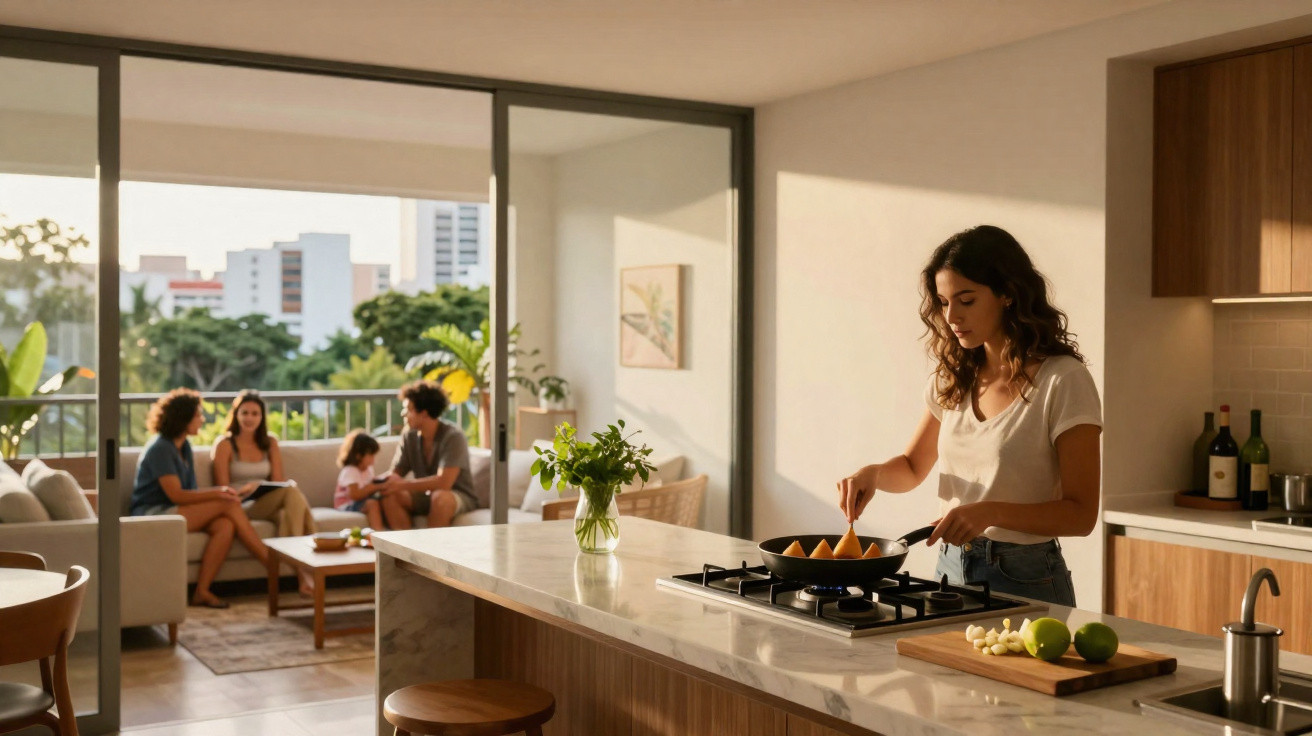 Woman cooking samosas in a modern kitchen with a group of people chatting on the balcony outside.