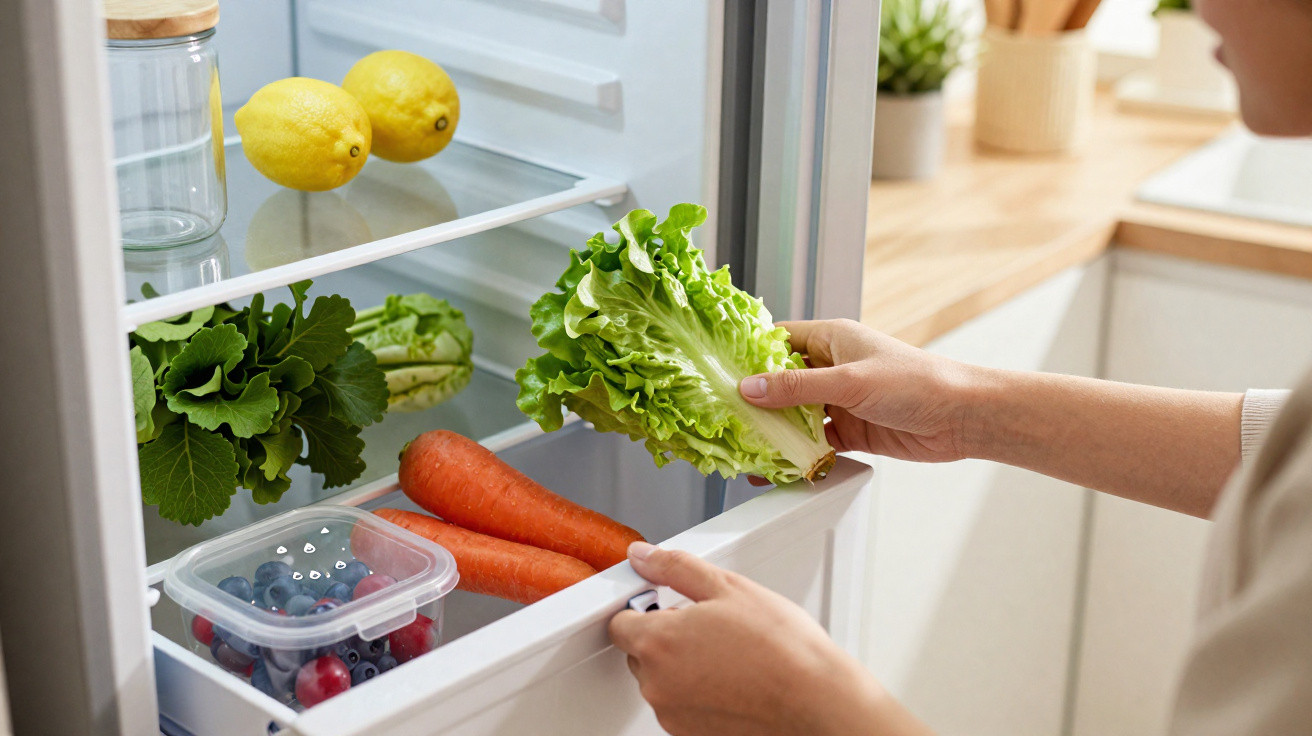 Person placing fresh lettuce into a fridge containing carrots, lemons, leafy greens, and berries in a plastic container.