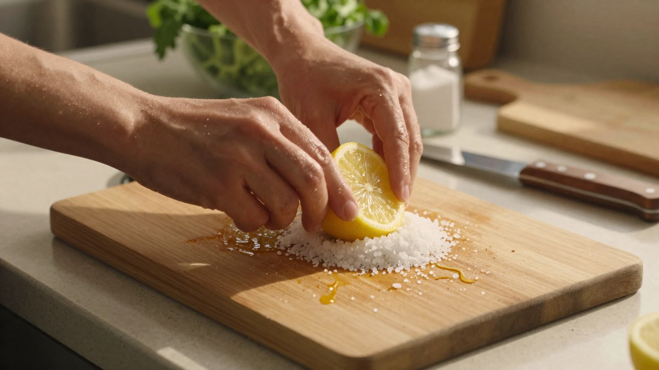 Hands rubbing a halved lemon on coarse salt on a wooden chopping board in a kitchen.