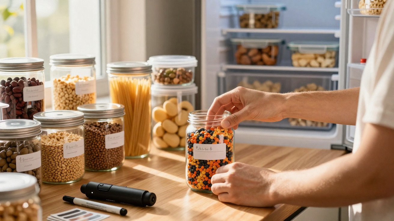 Person organising labelled jars of dried food and pulses on a wooden kitchen counter in natural light.