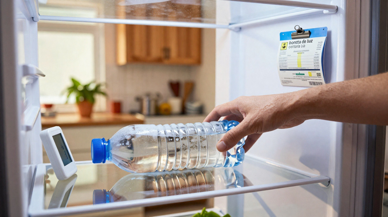 Hand placing a clear plastic water bottle on a fridge shelf with a white digital thermometer inside.