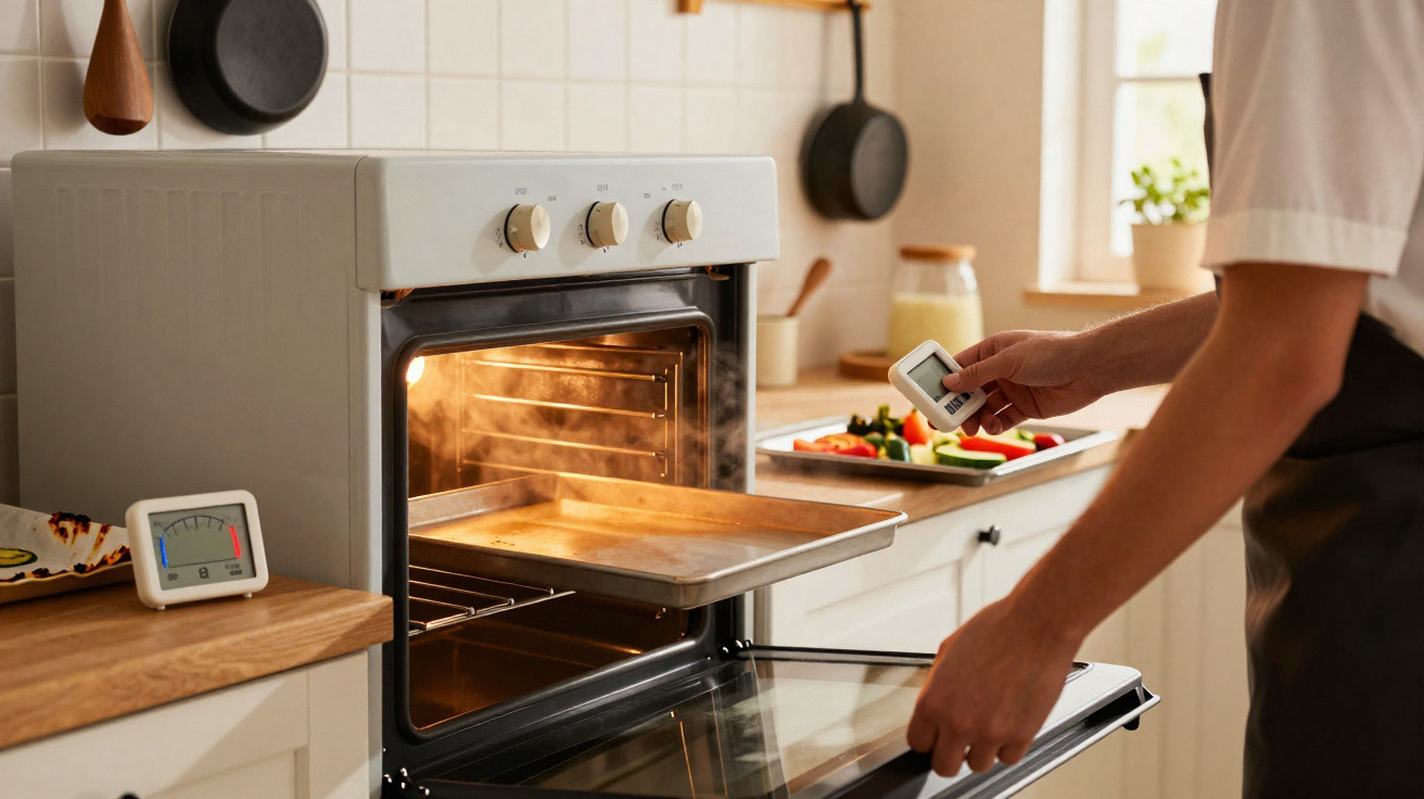 Person using a digital thermometer to check temperature of a steaming tray in an open oven in a kitchen.