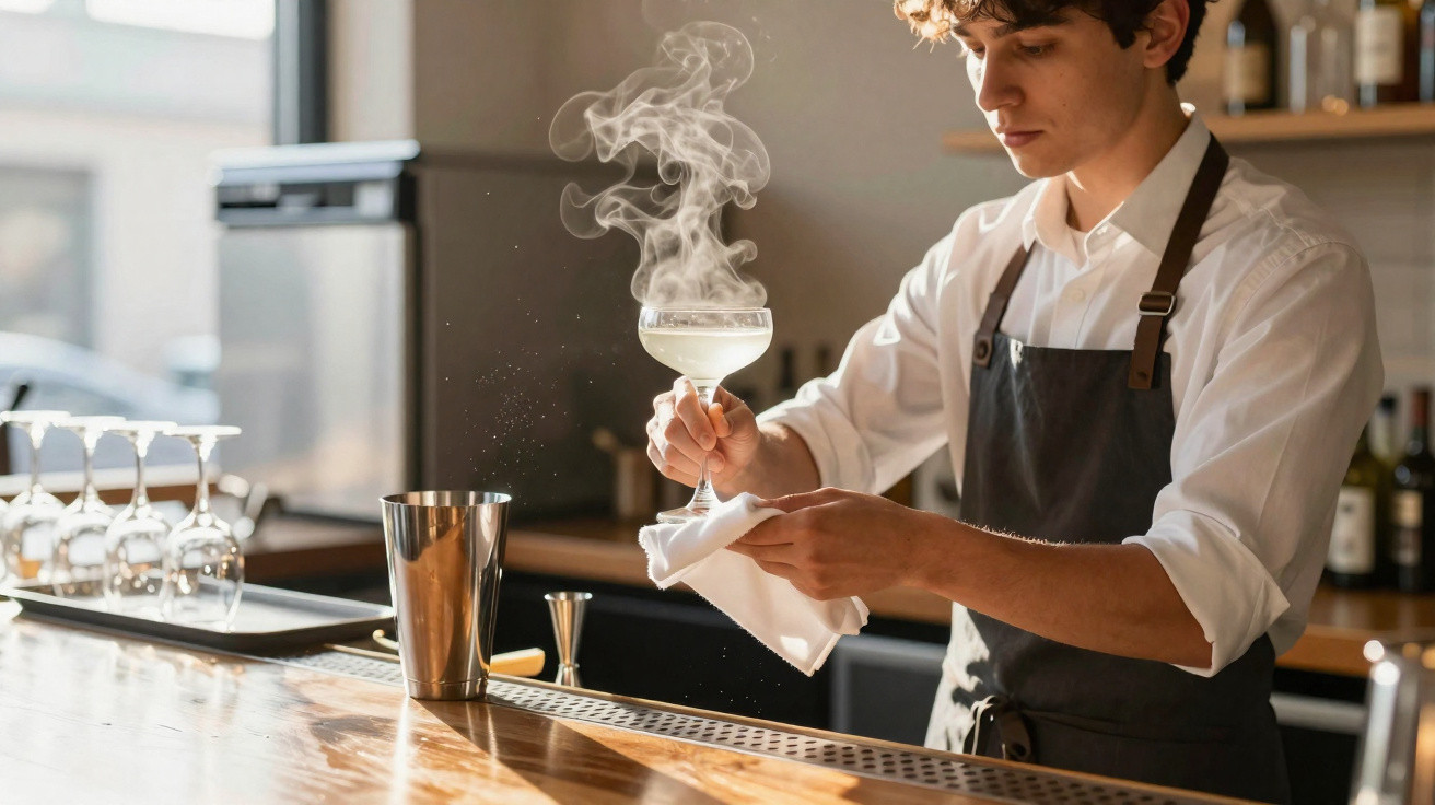 Bartender holding a smoking cocktail glass while wiping it with a cloth behind a wooden bar counter.