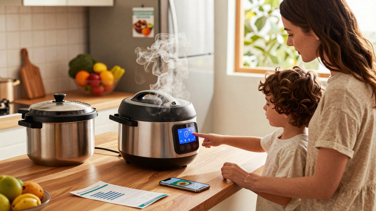 Child and woman using a steaming electric pressure cooker on a kitchen counter next to fruits and a smartphone.