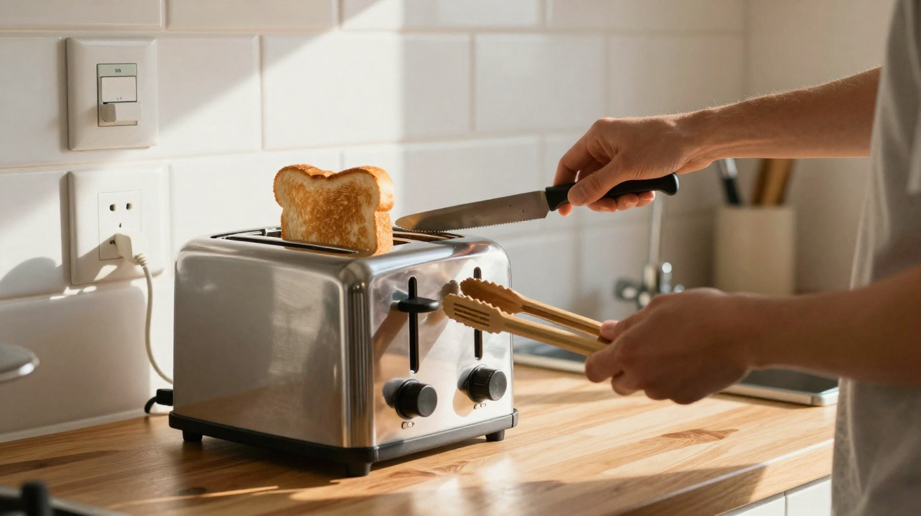 Person using tongs and a knife to remove toasted bread from a stainless steel toaster on a kitchen counter.