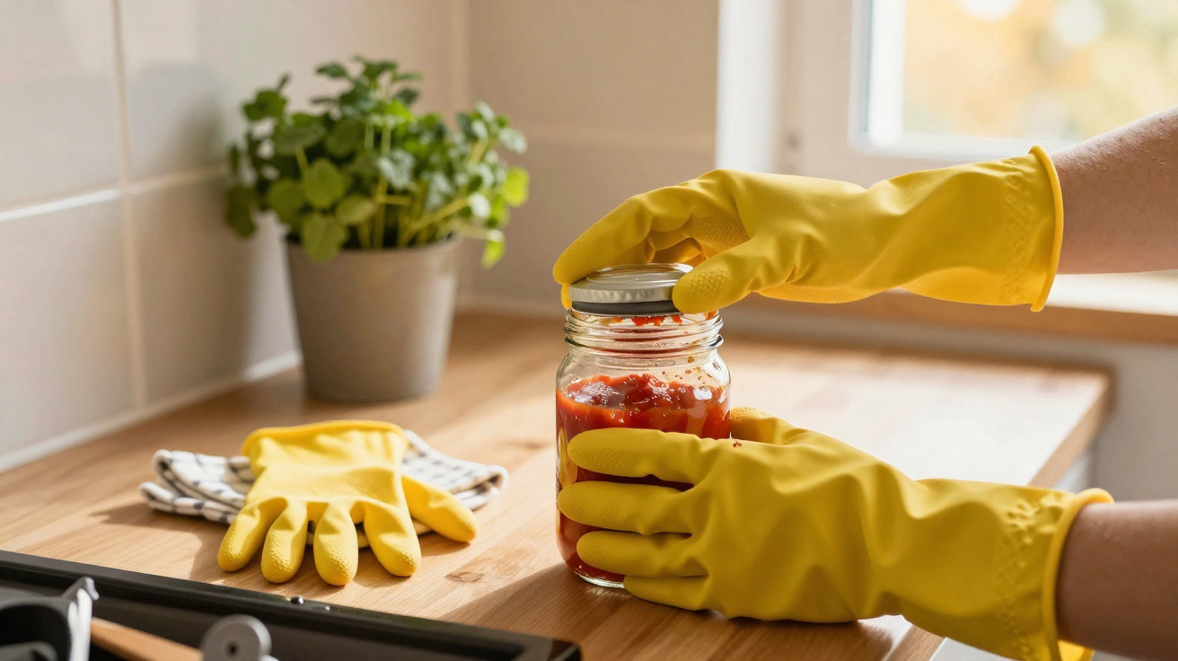 Person wearing yellow gloves unscrewing jar lid on wooden kitchen countertop with plant in background