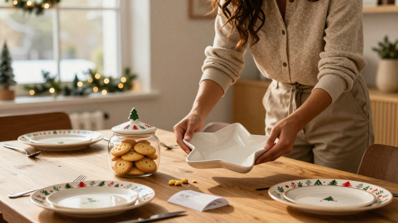 Person setting a star-shaped dish on a wooden table with Christmas-themed plates and a jar of cookies.