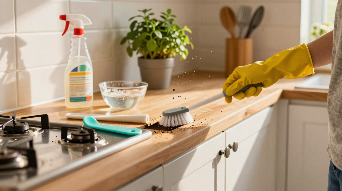 Person wearing yellow gloves sweeping dirt off wooden kitchen countertop with a brush near stove and cleaning supplies.