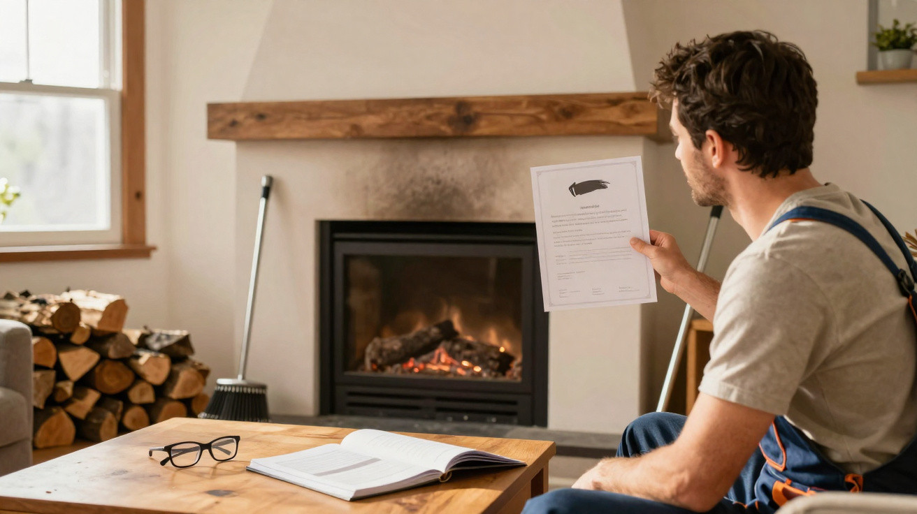 Man sitting by a fireplace holding a document, with an open book and glasses on a wooden table nearby.