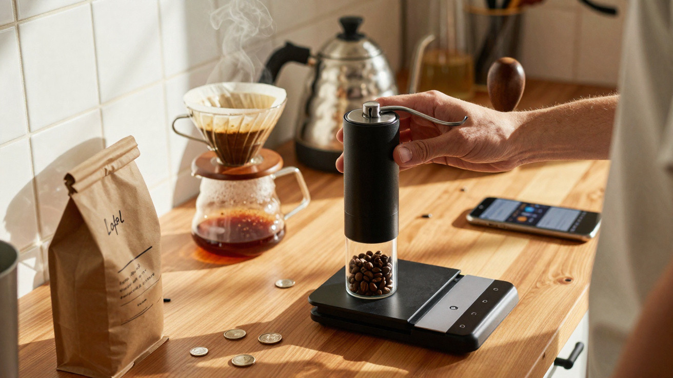 Person grinding coffee beans on a scale in a kitchen with a paper filter and kettle on a wooden counter.