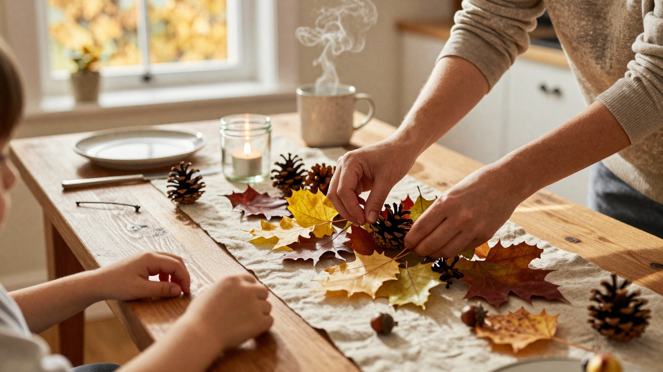Hands arranging autumn leaves and pinecones on a table with a lit candle and steaming mug nearby.