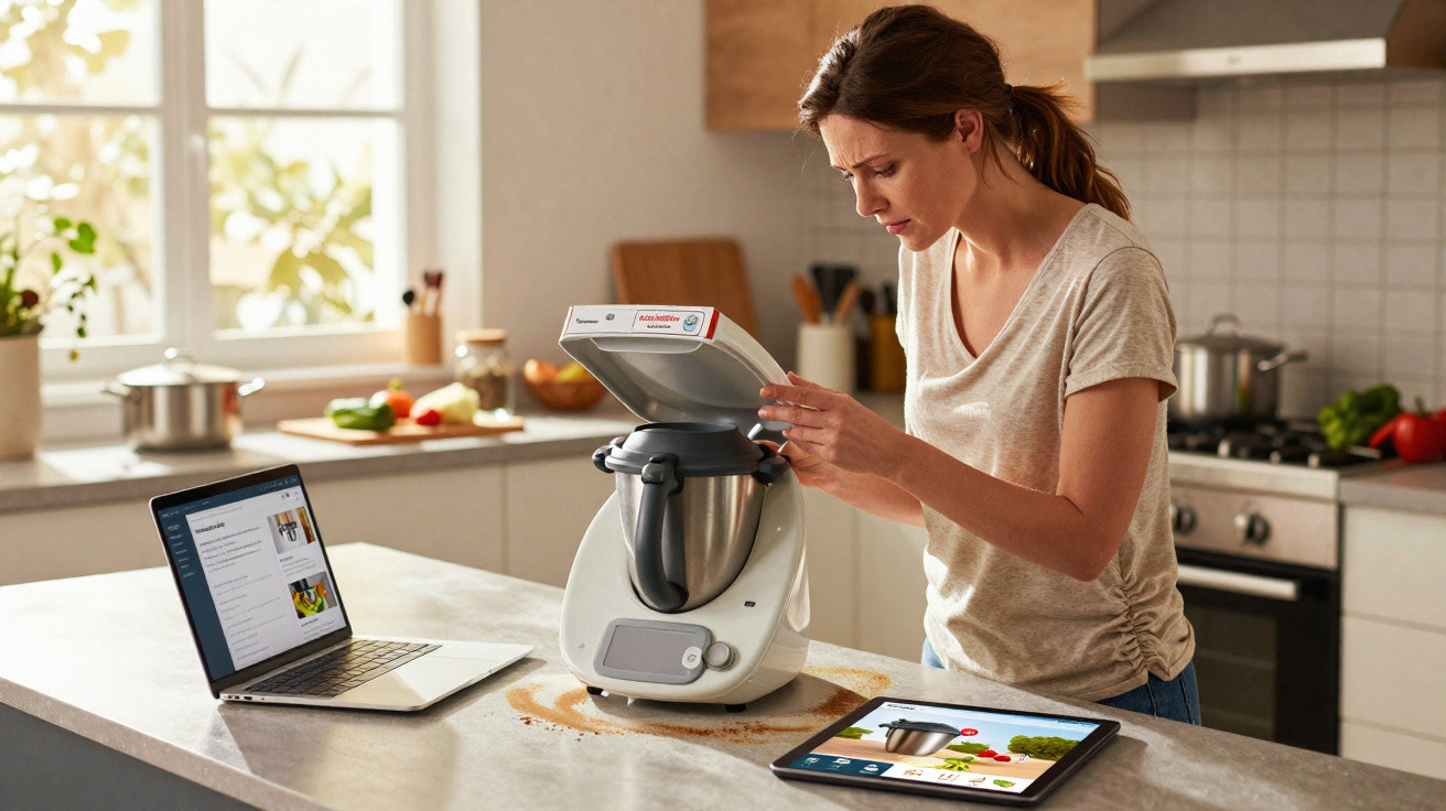 Woman using a Thermomix kitchen appliance on a countertop with a laptop and tablet nearby in a modern kitchen.