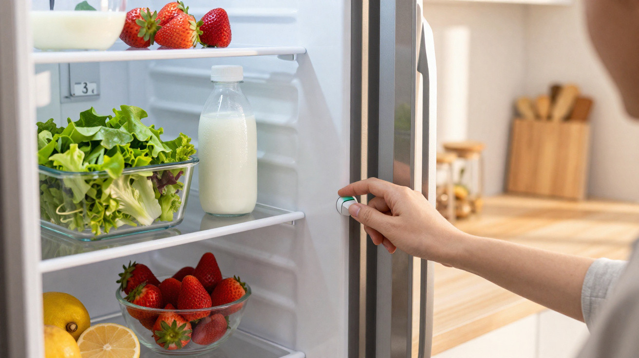 Hand adjusting temperature dial inside open fridge with strawberries, salad, milk, and lemons inside.