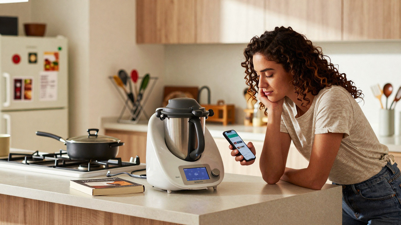 Woman in casual clothes using a smartphone while leaning on a kitchen counter with a cooking appliance and book nearby.
